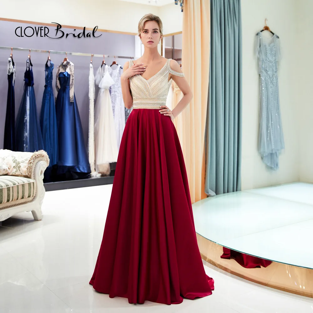 

A-lijn satijn V-hals kralen gala jurken crystals beaded top A-line satin skirt prom dress 2018 new long women special occasion