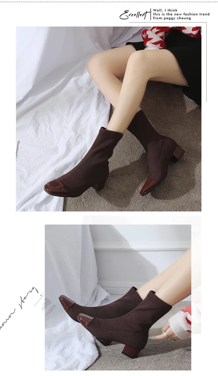 NEW Fashion Female mid calf Sock Boot Chunky Mid Heel Stretch Knit Bootie Elastic Square Toe Sexy Lady Shoe Women Brown Footwear