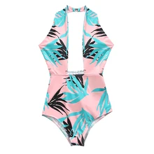 Tropical One Piece Swimsuit 2019 Sexy Swimwear Women Leaf Printing Halter Swimsuit Women Open Back Beachwear Bodysuit mesh insert open back leaf print swimsuit
