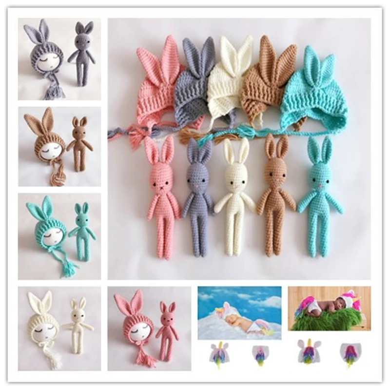 

Newborn Photography Props Crochet Rabbit Baby Hat Handmade Newborn Props Baby Mask Infant Newborn Studio Photo Shoot Prop