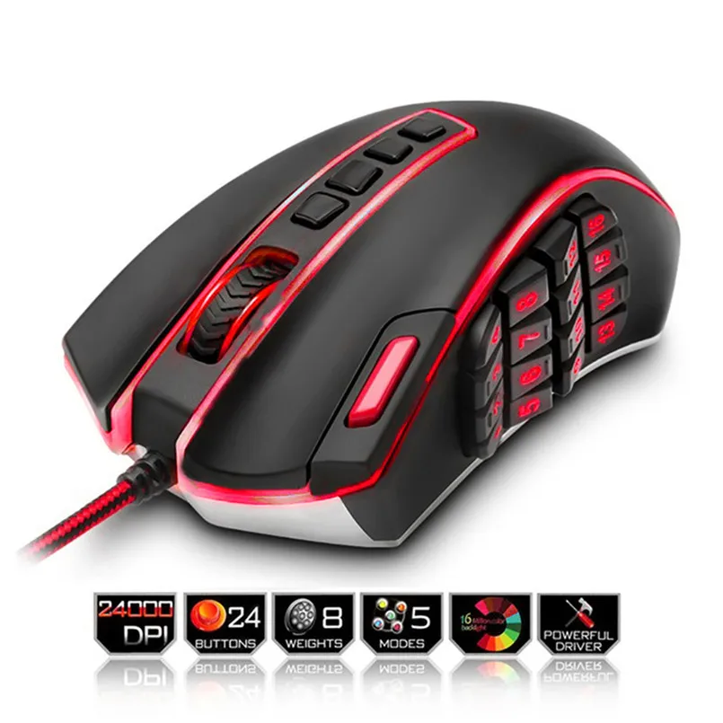 Redragon USB Wired RGB Gaming Mouse 24000 DPI 24 Buttons Laser Programmable Game Mice Backlight Ergonomic for Laptop 40AP1504