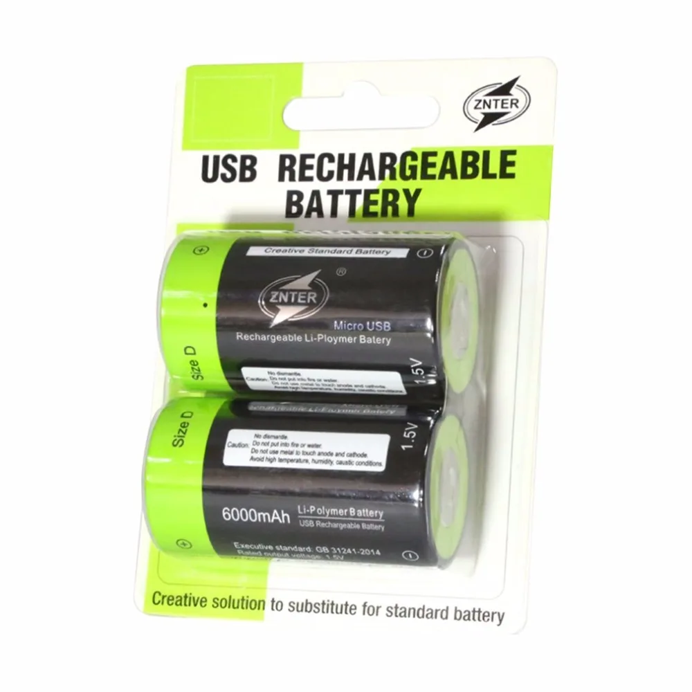 ZNTER 2 шт 1,5 в 6000 мАч USB перезаряжаемая D батарея рециркулирующая многофункциональная Заряженная литий-полимерная игра и вилка