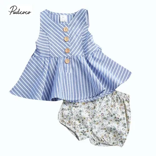 

Pudcoco 2018 Newborn Baby Girls Kid Dress Cute Stripe Button Tutu Dress+Floral Shorts Summer Holiday Outfits Clothes 0-4Y