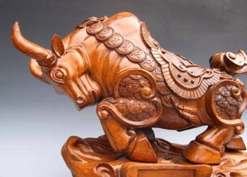 

15"Chinese Wood handwork Carved Fengshui Money OX Bull Statue