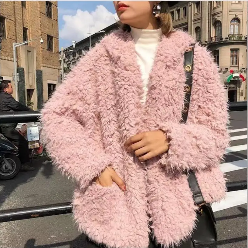 

European and American new fashion Teddy Coat loose hooded casual Faux Fur Jacket women's clothing
