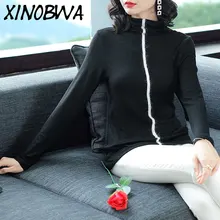 Европа Новинка Осень Женская высокая уличная мода свободная Водолазка с длинным рукавом Лоскутная футболка Топы женские элегантные футболки