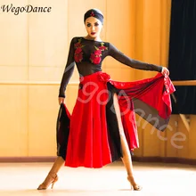 С длинным рукавом костюм для латинских танцев профессиональный танец вышивка сетки рубашка женская фламенко юбки