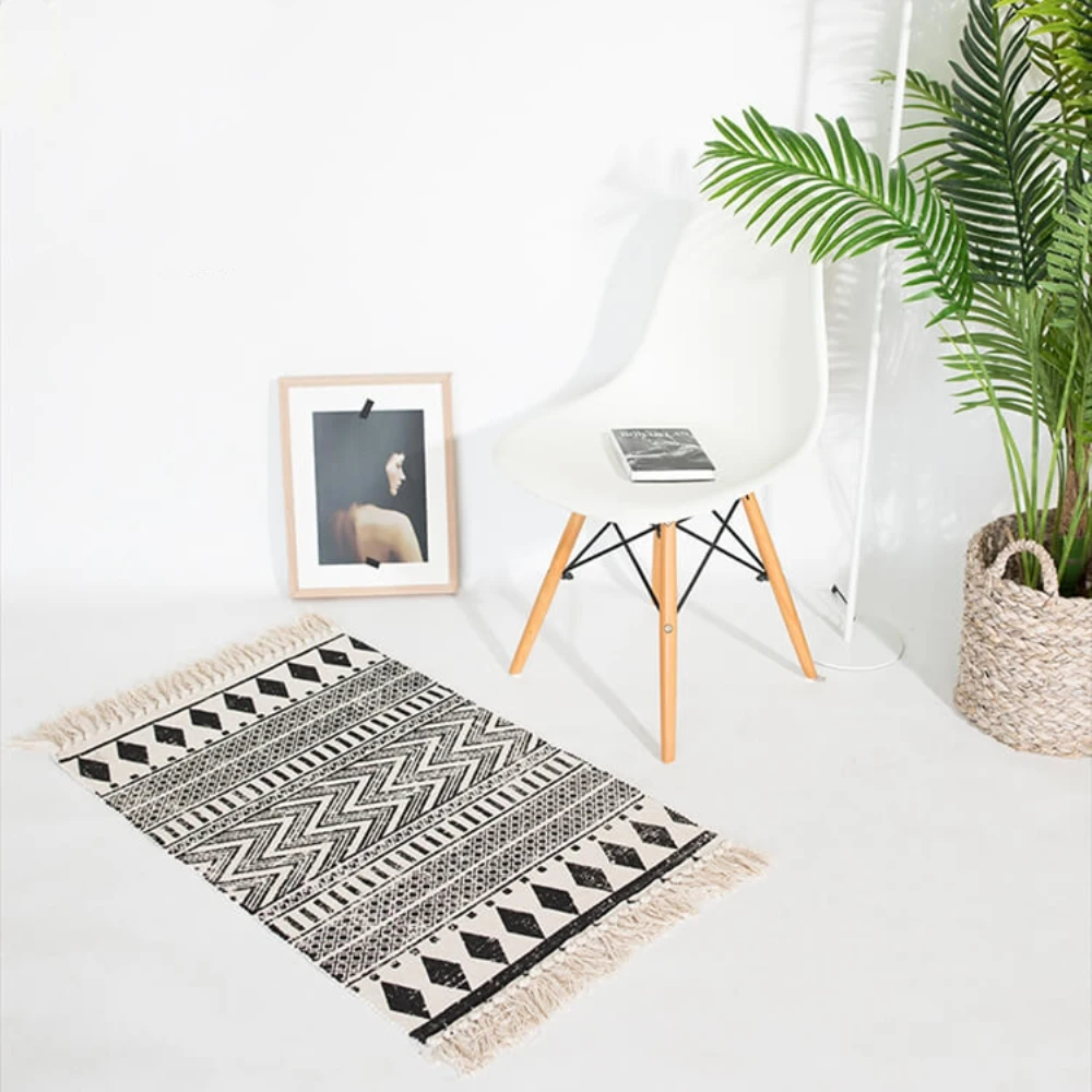 

RAYUAN Morocco Style Blending Carpets Black and White Geometric Line Mat Fringed Tapestry Blanket Doormat Rug 60x90CM 60x130CM