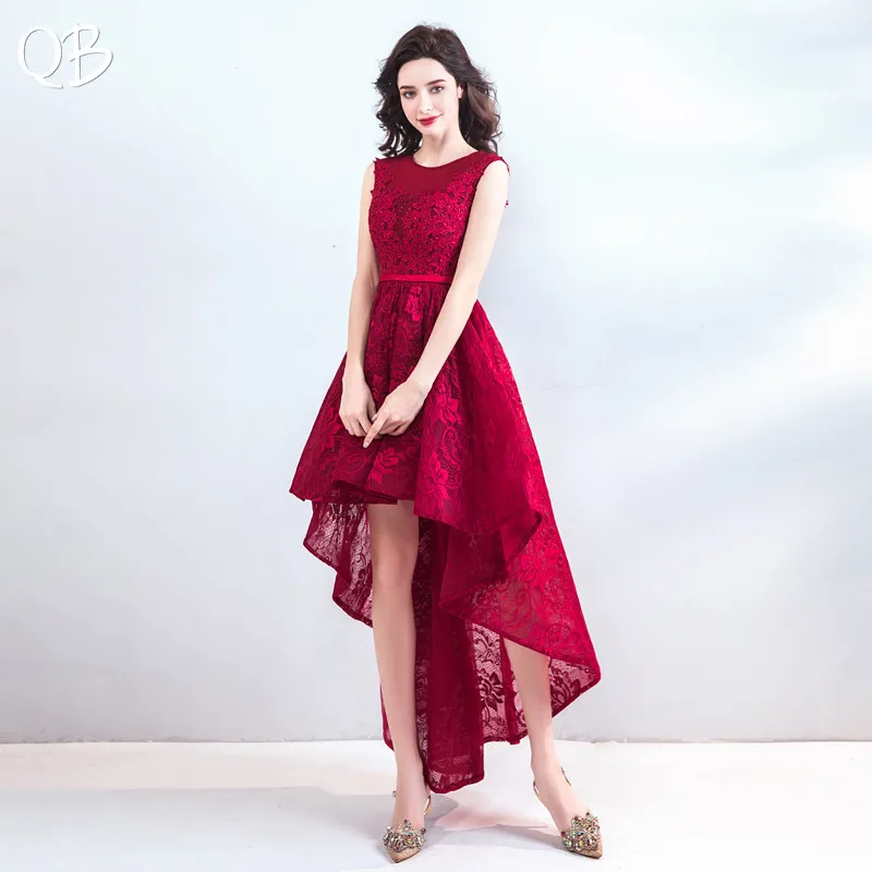

Wine Red High Low Tulle Lace Applique Sexy Luxury Evening Dresses Bride Banquet Party Prom Dress XK246