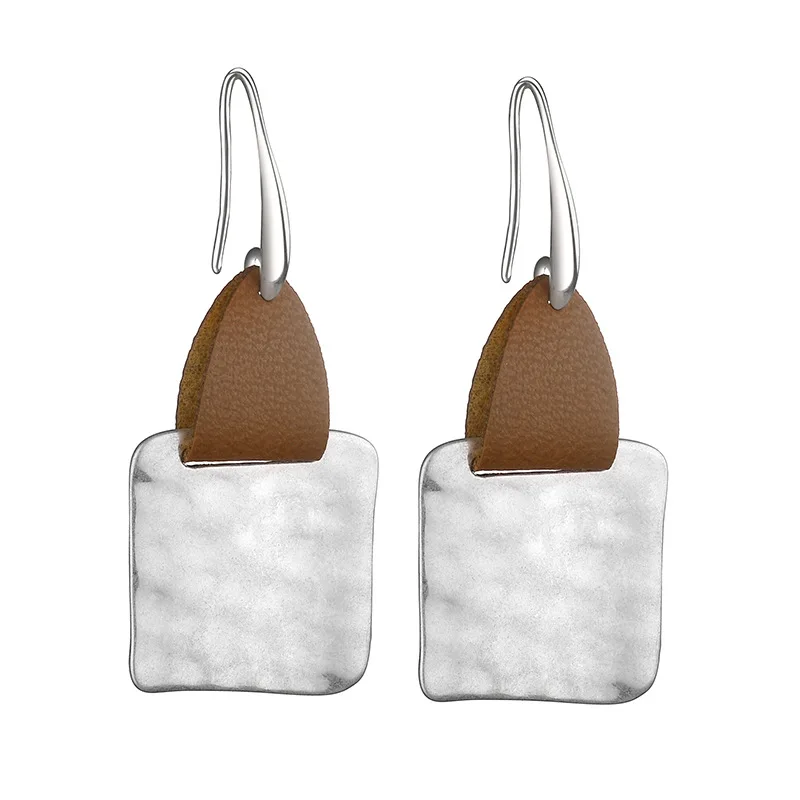 

Rainbery Elegant Geometric Drop Earrings for Women Vintage Leather Splice Sand Silver Color Irregular Square Hanging Earrings