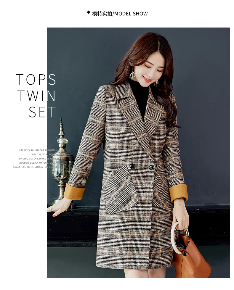 Осеннее и зимнее Новое корейское повседневное шерстяное пальто в длинном Ретро женское клетчатое шерстяное пальто