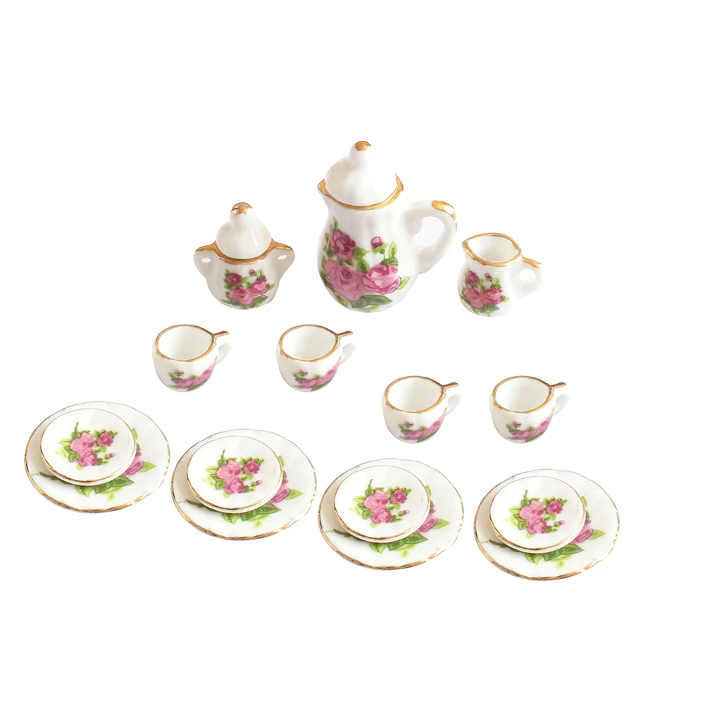 Creative Ceramic Mini Tea Set Peony Pattern Porcelain Ceramic Tea Set Kids Toy Mini Kitchen Toy for Kids Adults 15pcs