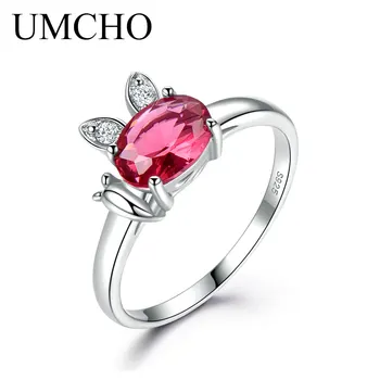 

UMCHO Created Ruby Genuine 925 Sterling Silver Ring for Women Red Gemstone Engagement Vintage Wedding Bands Cute Rabbit Jewelry