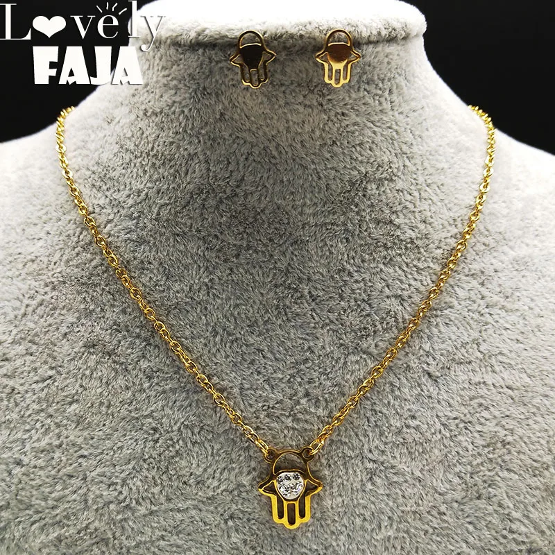 

2019 Hamsa Hand Stainless Steel Jewelry Set for Women Gold Color Crystal Earings Necklace Set Jewelry boucles d'oreilles 178596