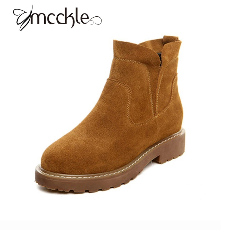 

MCCKLE Fashion Genuine Leather Ankle Boots 2016 Autumn Winter Women's Chelsea Boots Round Toe Low Heels Platform Botas Mujer