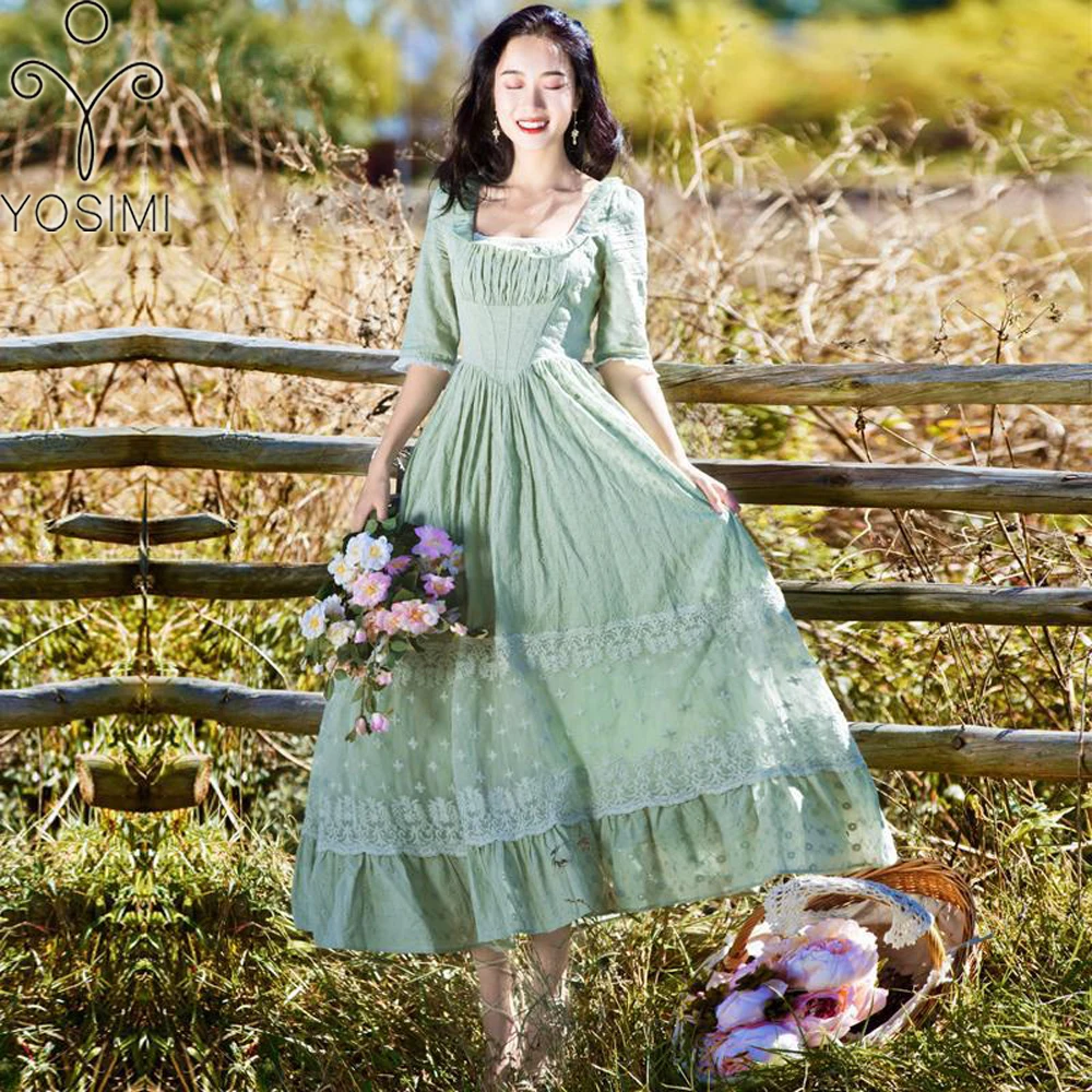 

YOSIMI 2018 Summer Vintage Cotton and Lace Long Women Dress Tunic Prairie Chic Style Green Women Dress Mid-calf Evening Party