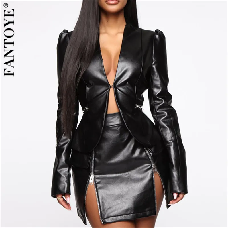 

Fantoye Autumn Women PU Two Piece Set Dress For Women Sexy Top And Skirt Suit Dress Lady V Neck Set Outfits Suit Outerwear Dress