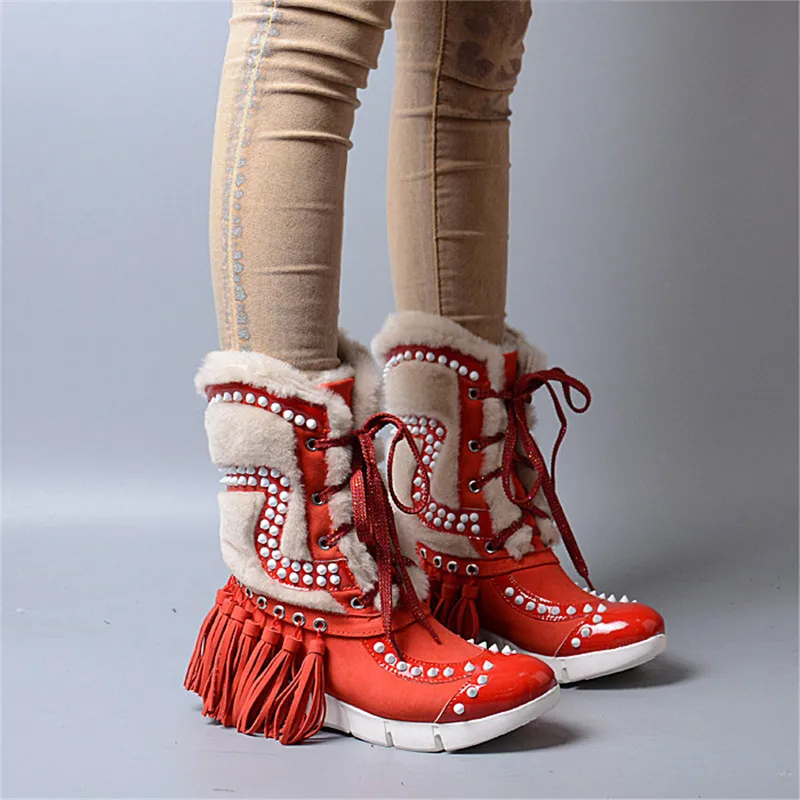 Piel Bota Cuero red Dulce Prova Borlas Perfetto Mujeres Remache Moda Pink black Genuino Botas Cuñas Nieve Rosa De Con Punta I8wFzq