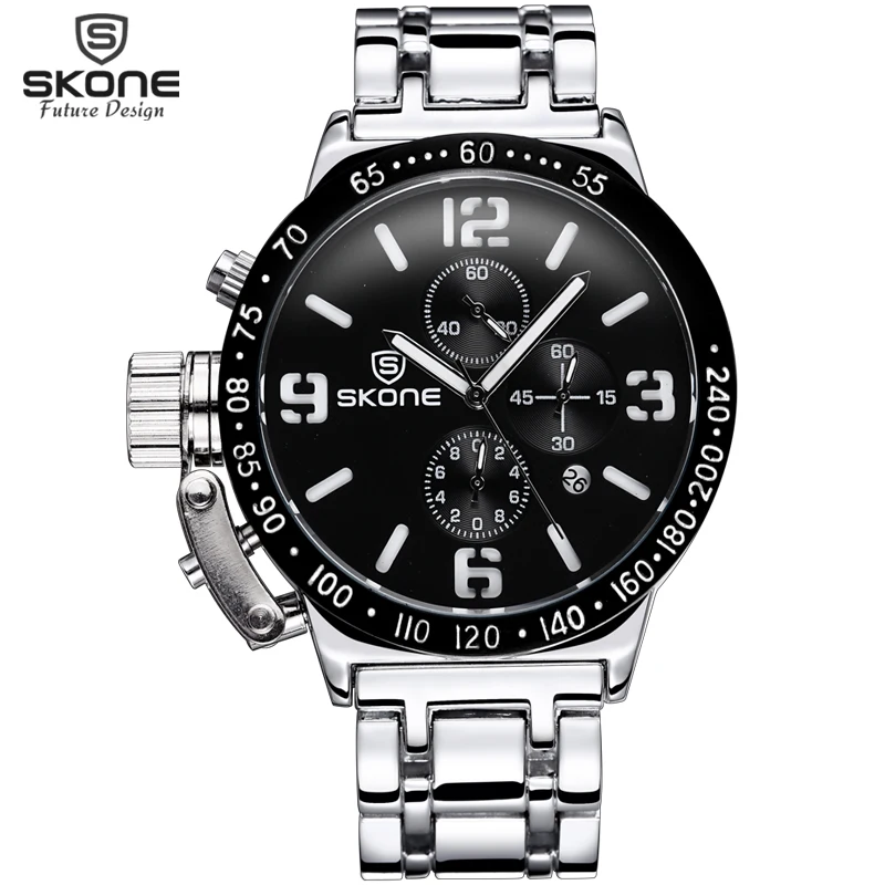 

SKONE Steel Mens Watches Top Brand Luxury Stopwatch 6 Hand 24 Hours Chronograph Military Sport Watch Clock Men relogio masculino