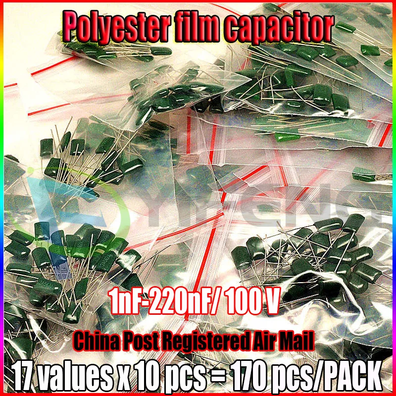 

New! 17value 170pcs Polyester capacitors pack. 100V 1nF-220nF Assortment Kit Set