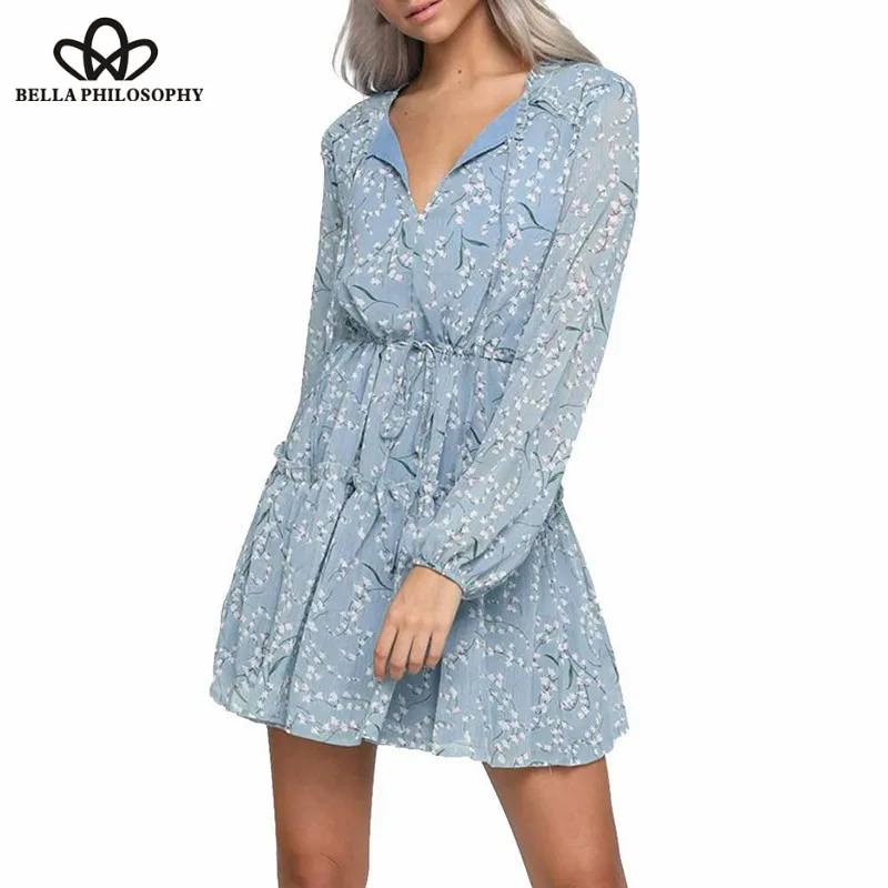 Wonder Spring Lace-Up Chiffon Dress Long Sleeve V Neck Floral Printing Casual Boho Dress Female Ladies Loose Mini Dress 2019 new