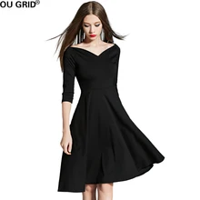 Для женщин осеннее платье 1950-х годов 60-х Ретро Винтаж черный v-образным вырезом Коктейль 3/4 рукав Сексуальная Платья для женщин свадьбы и вечеринки Vestidos