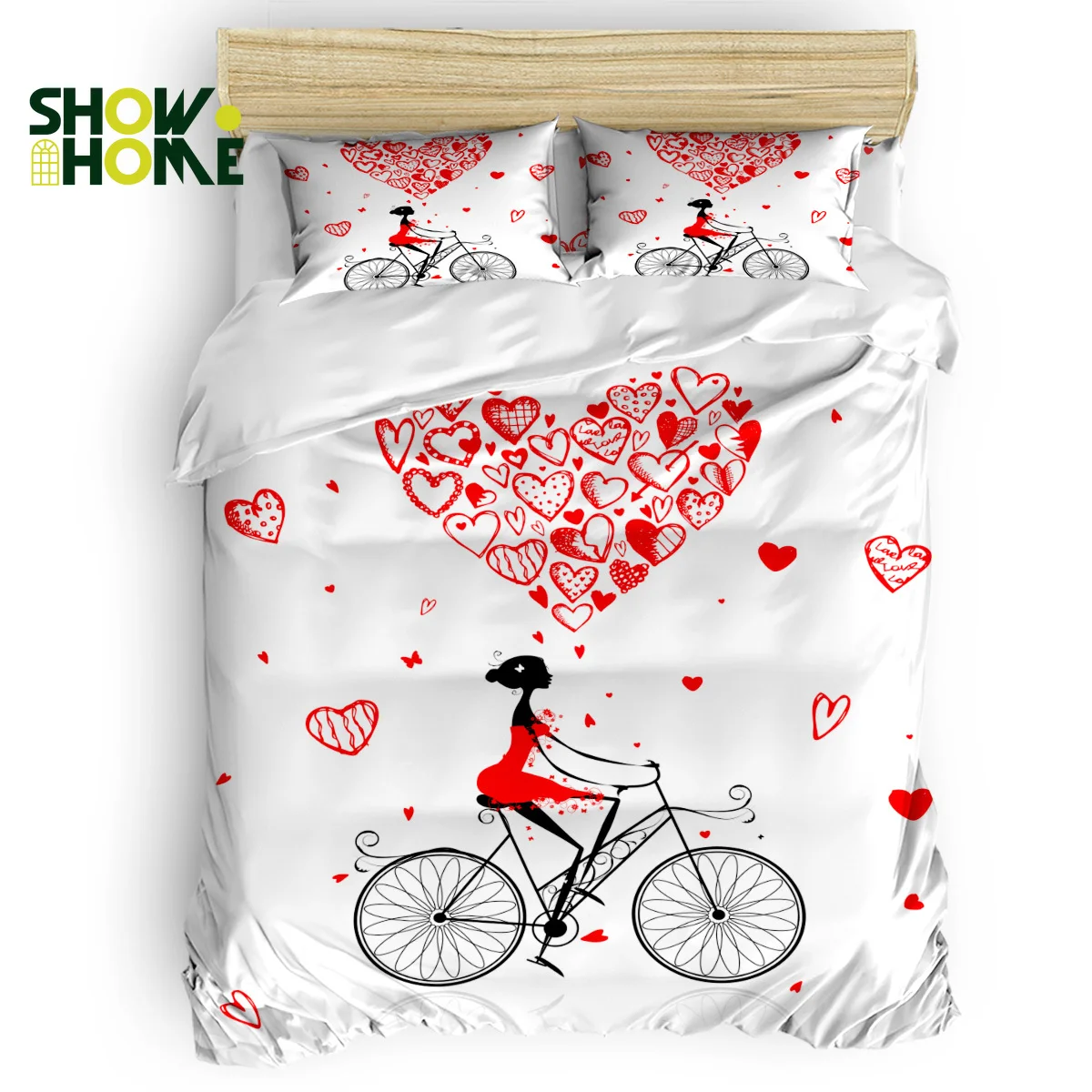 

SHOWHOME Duvet Cover Set Love Bike Female Red Heart Valentine's Day Duvet Cover 4 Piece Bedding Set