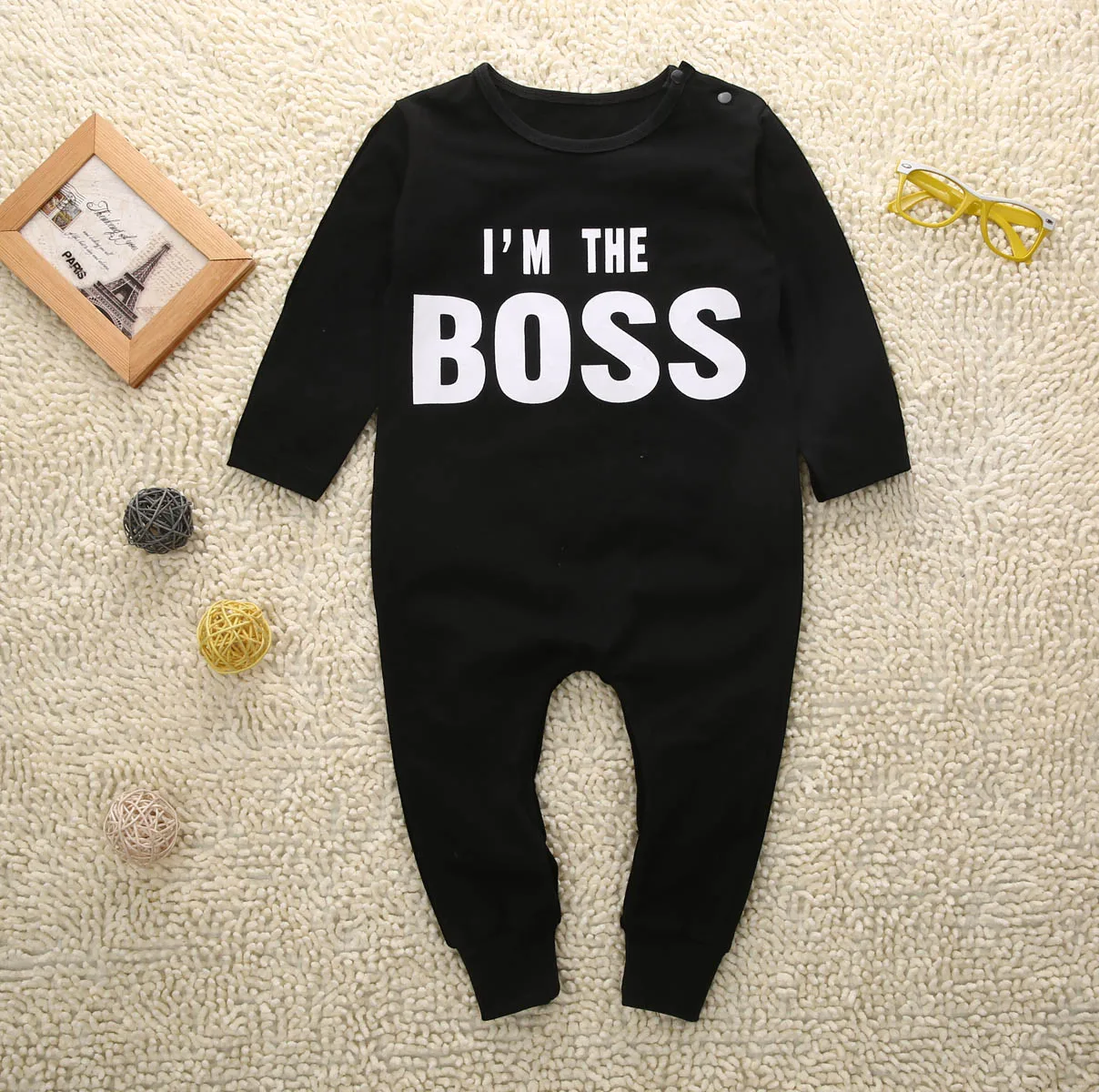 Cute Newborn Long Sleeve Baby Boy Girl Romper Jumpsuit Clothes Outfits Im the boss black