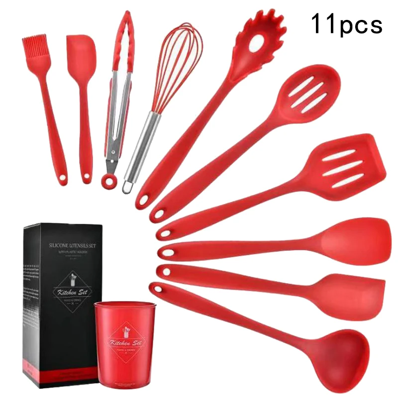 11Pcs Silicone Kitchen Cooking Utensils With Storage Bucket Spatula, Spoon, Slotted Spoon, Tongs, Basting Brush, Ladle and More 11Pcs Silicone Kitchen Cooking Utensils With Storage Bucket Spatula, Spoon, Slotted Spoon, Tongs, Basting Brush, Ladle and More