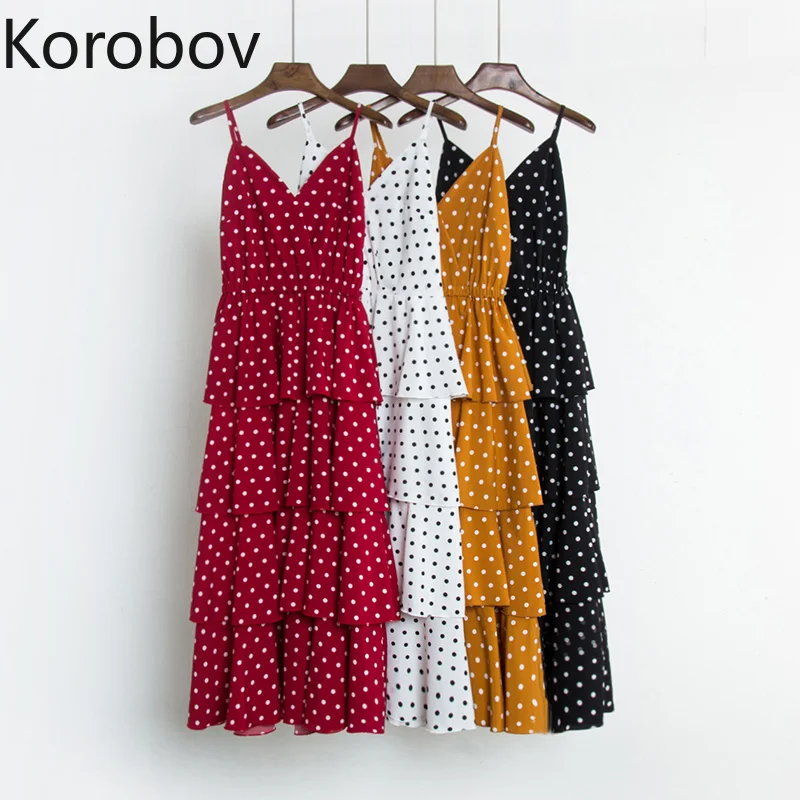 

Korobov Dot Print Cake Women Dress Vintage V-Neck Korean Female Dresses Sleeveless High Waist Beach Style Vestidos 77503