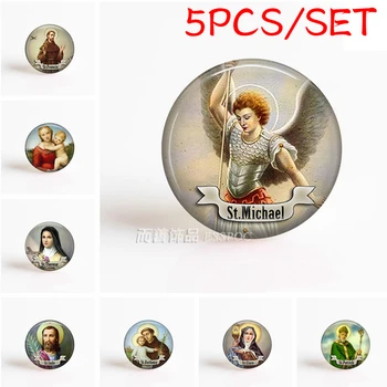 

5PCS/SET St Michael Virgin Mary Raphael Renaissance 25mm Glass Cabochon Jewerly Pendant Christian Religious Necklace