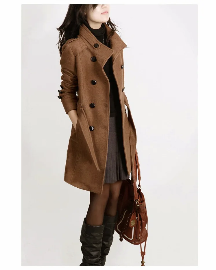 Женское пальто, Осень-зима, однотонное, на пуговицах, с регулируемой талией, с высоким воротом, двубортное, облегающее, плюс размер, Женское пальто