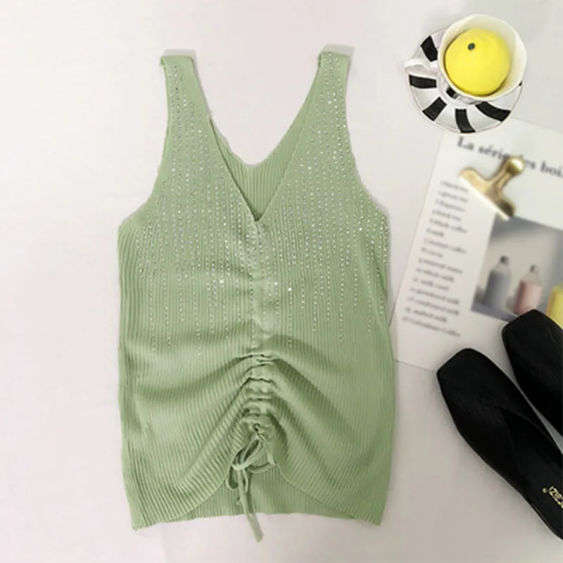 

Women top femme Summer Sexy Charming V-neck debardeur femme Crystal Decor Drawstring Ruffled Sleeveless Thin Camisole