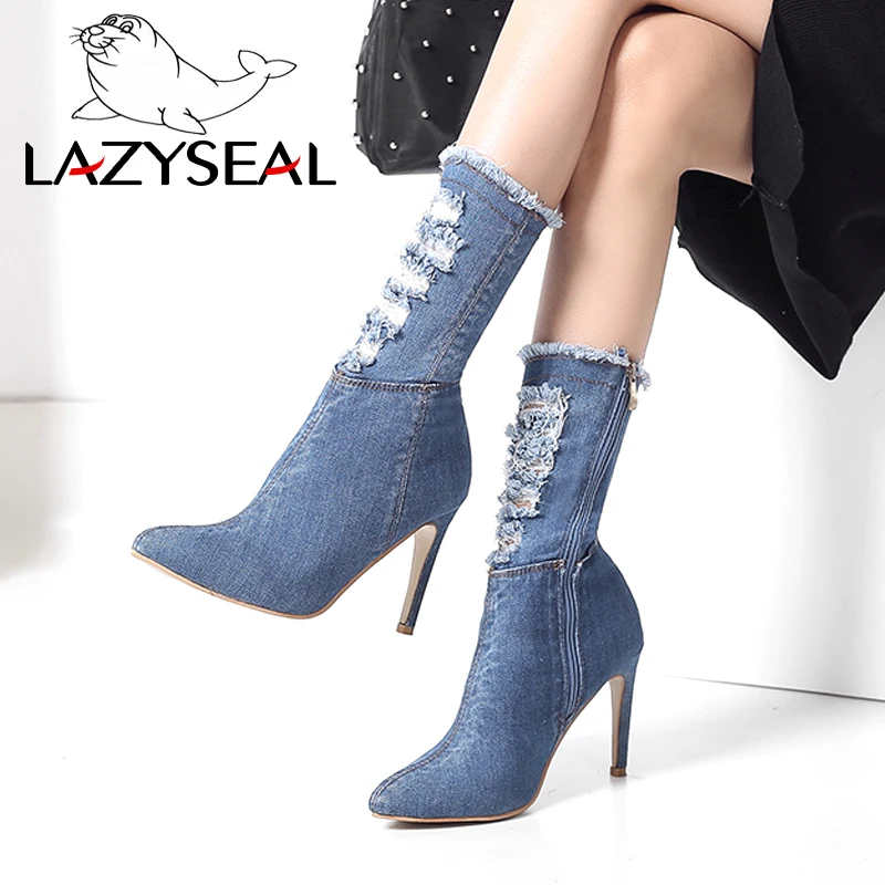 

LazySeal Denim Boots Woman Zapato s Mujer Zip Thin Heels Shoes Woman Pointed Toe Stiletto Heel Boots Lady Plus Big Size 35-43