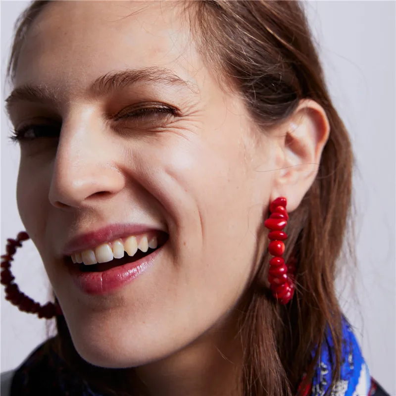 

12 pairs US1.53 per Beaded Hoop Earings Fashion Jewelry Boho Irregular Natural Stone Handmade Round Statement Earrings for Women