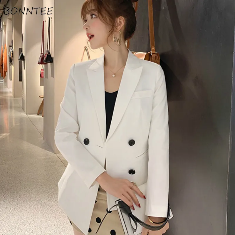 

Blazers Women Solid Korean Style Slim Elegant Korean Style Leisure Double Breasted Womens High Quality Clothing Soft Female Chic