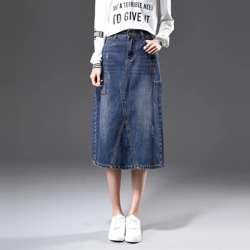 

2018 Autumn Vintage Denim Midi skirts womens paragraph Package Hip High Waist A - line Jeans Long Maxi skirt for womens