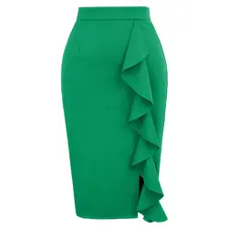 Для женщин облегающая юбка Высокая Талия пикантные Для женщин s большой рябить Разделение спереди черный зеленый дамы Бизнес офисные