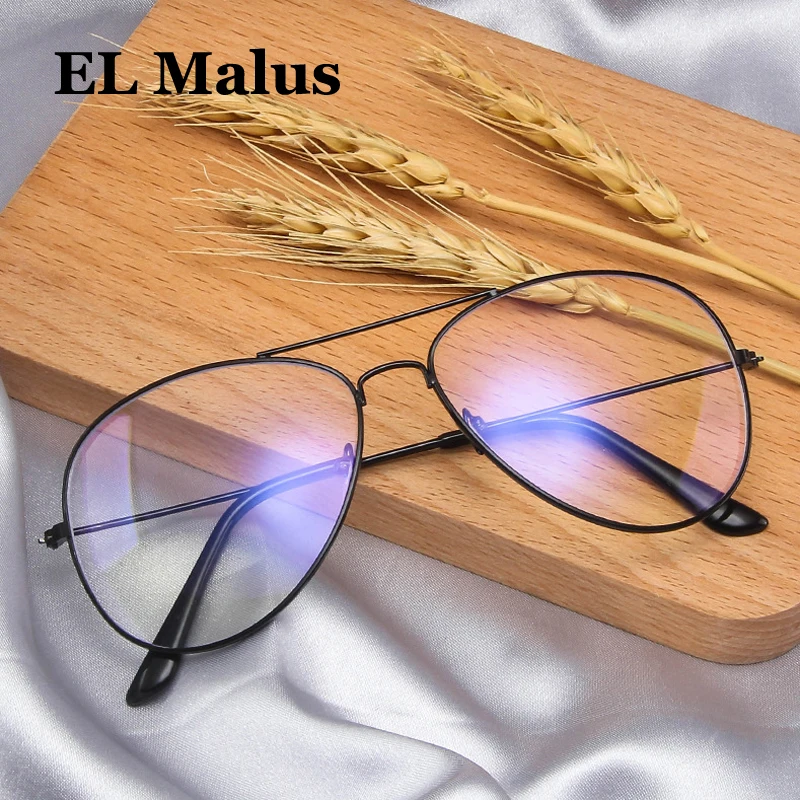 

[EL Malus]Retro Mens Women Eyeglasses Brand Designer Metal Pilot Frame Anti-Blue Optical Clear Lens Glasses Unisex Eyewear