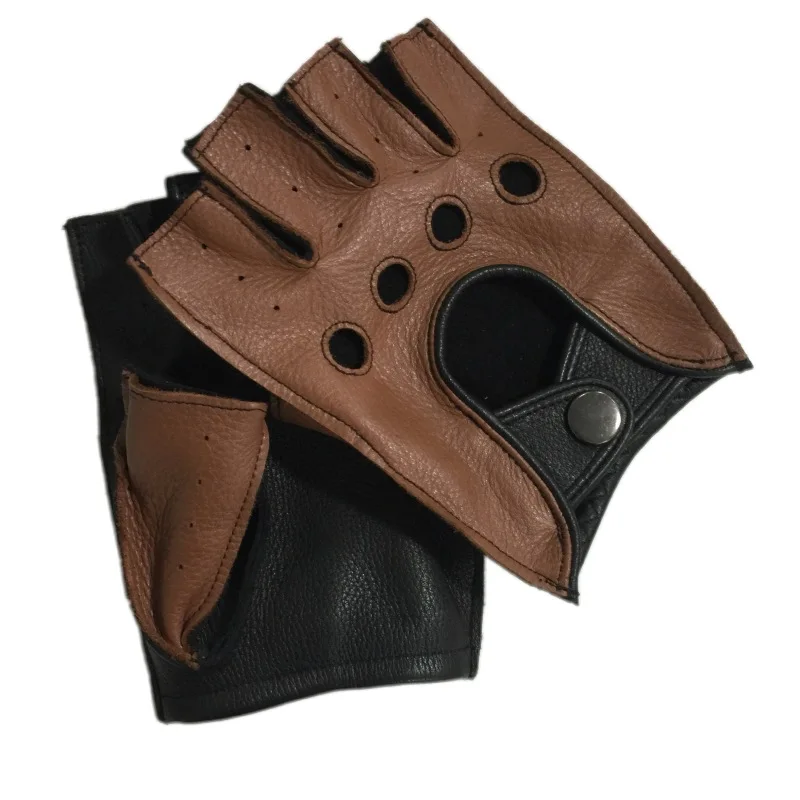 

Mens Genuine Leather Gloves Breathable Driving Unlined 100% Deerskin Half Finger Gloves Fingerless Gym Fitness Gloves