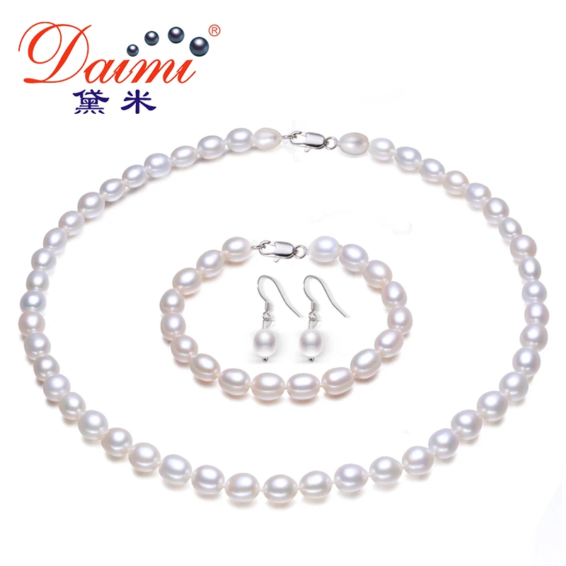 High Quality Pearl Jewelry Sets Pure White Rice necklace 925 Sterling Silver Earrings Pearl Jewelry For Women .