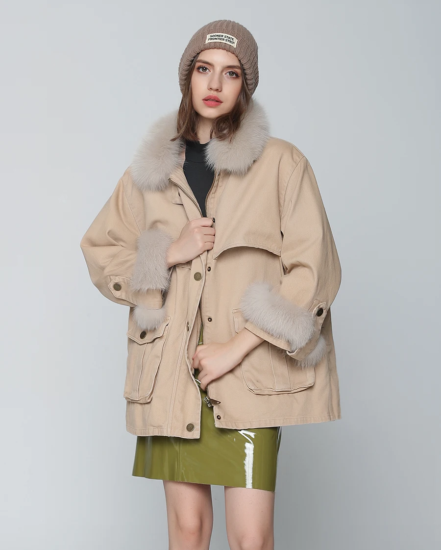 OFTBUY зимняя женская куртка, длинное пальто цвета хаки, Воротник из натурального Лисьего меха с 90% белым утиным пухом, теплая парка, Брендовая верхняя одежда