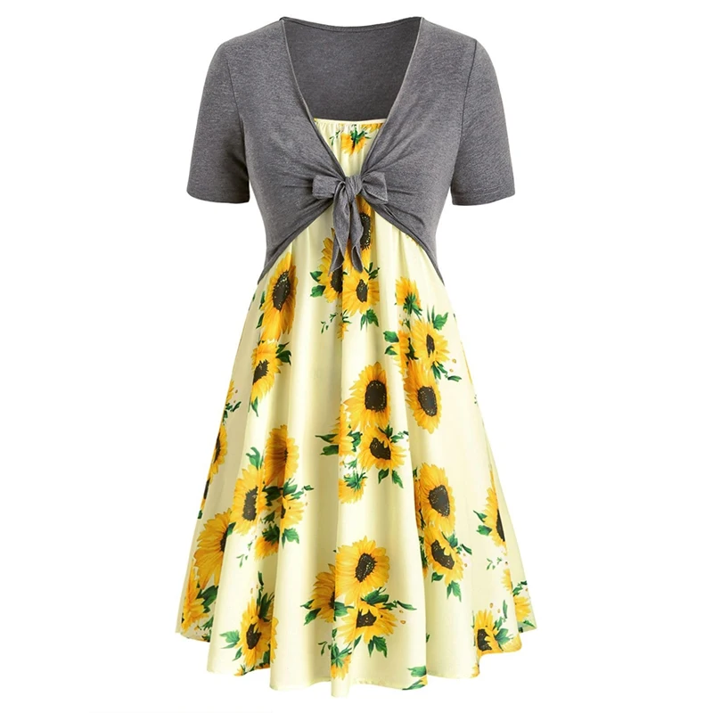 

2019 V-neck Short Sleeve Sunflower Print Dress Two-Piece Summer Holiday Boho Female Floral Swing Midi Sundress Plus Size S-5XL