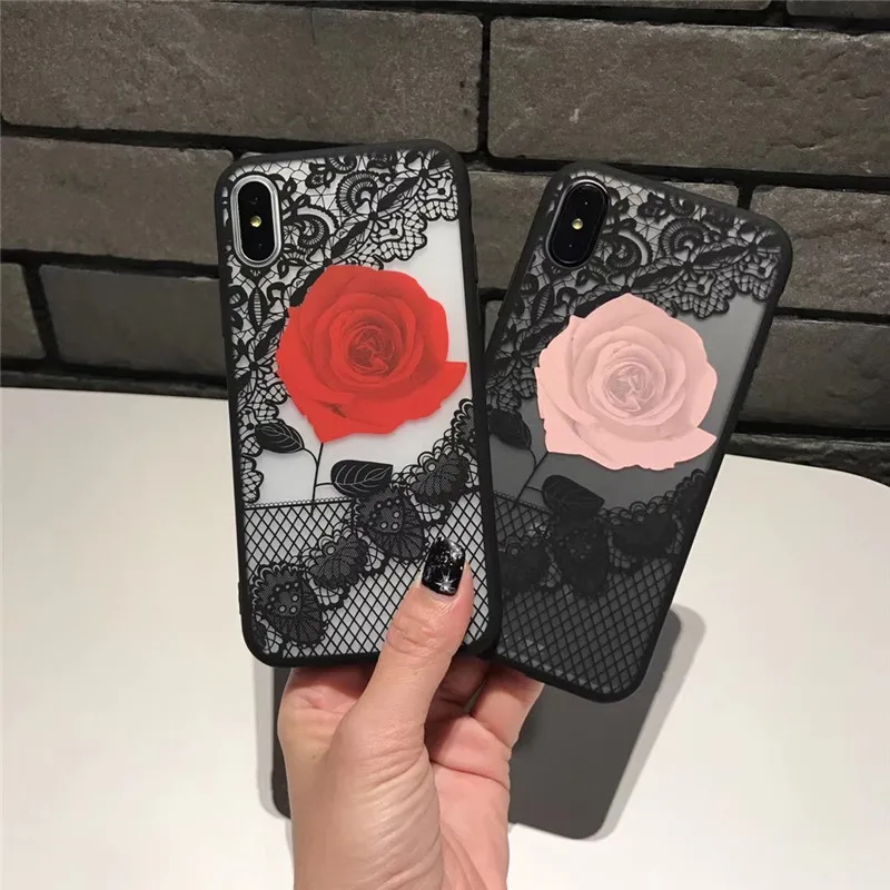 Tfshining Sexy Lace Flower Rose Case For iPhone X 10 Soft Clear Silicone Protective Cover Case For iPhone 6 6s 7 8 Plus Capinhas (7)