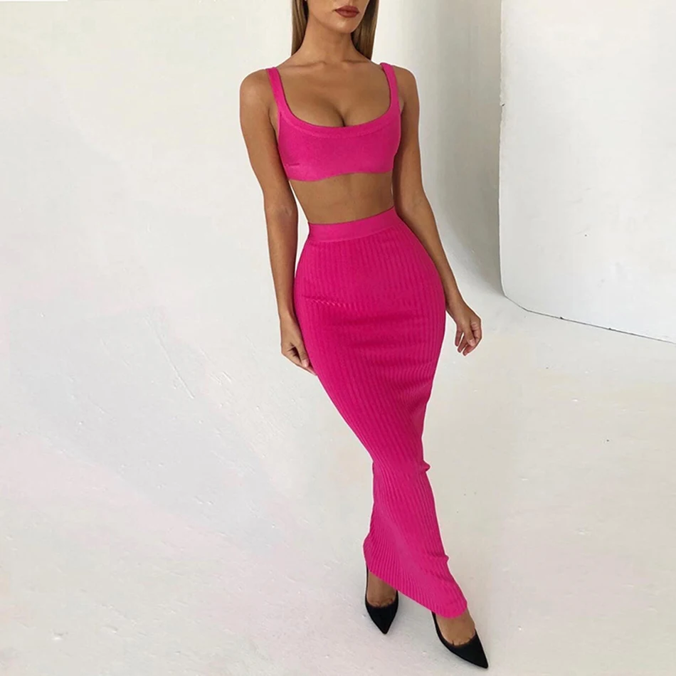 

2019 New Women'S Long Bandage Dress Sleeveless Sling 2 Pieces Two-Piece Sexy Fashion Celebrity Party Dress Bodycon Vestidos