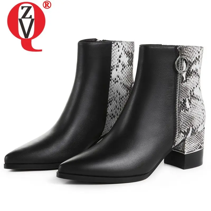 ZVQ Office women's Shoes Cow Leather Booties Plus Size 33-42 Winter Sexy Snakeskin Chelsea Boots Cool 6cm Heels Ankle | Обувь