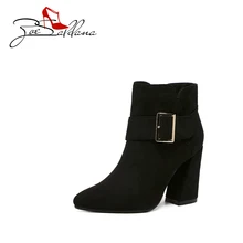 Zoe Saldana 2017 Pointed Toe Flock Ankle Metal Buckle Square Heel Woman Shoes Chelsea Zipper Snow Boots