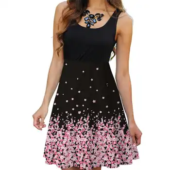 

Casual Floral Dress Women Sleeveless Lady Elegant Summer Dresses Flower Print Black Beach Party Sunderss Tank Top Vestidos
