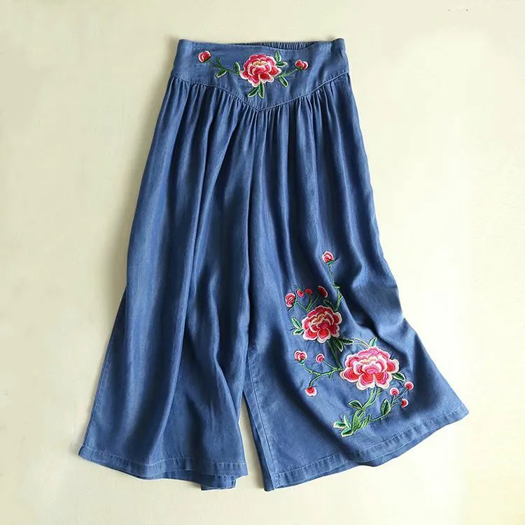 Для женщин джинсовая ткань, Tencel Брюки инди-фолк-цветочной вышивкой джинсы с отворотами свободные штаны эластичные летняя с высокой талией