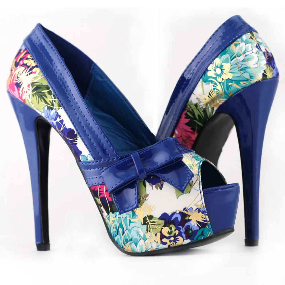 LF80824 синий/бирюзовый цветочный узор с бантом с открытым носком на платформе вечерние туфли-лодочки